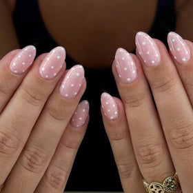 HPYFOI front packaging showing soft pink polka dot nails and included tools benefit convenience