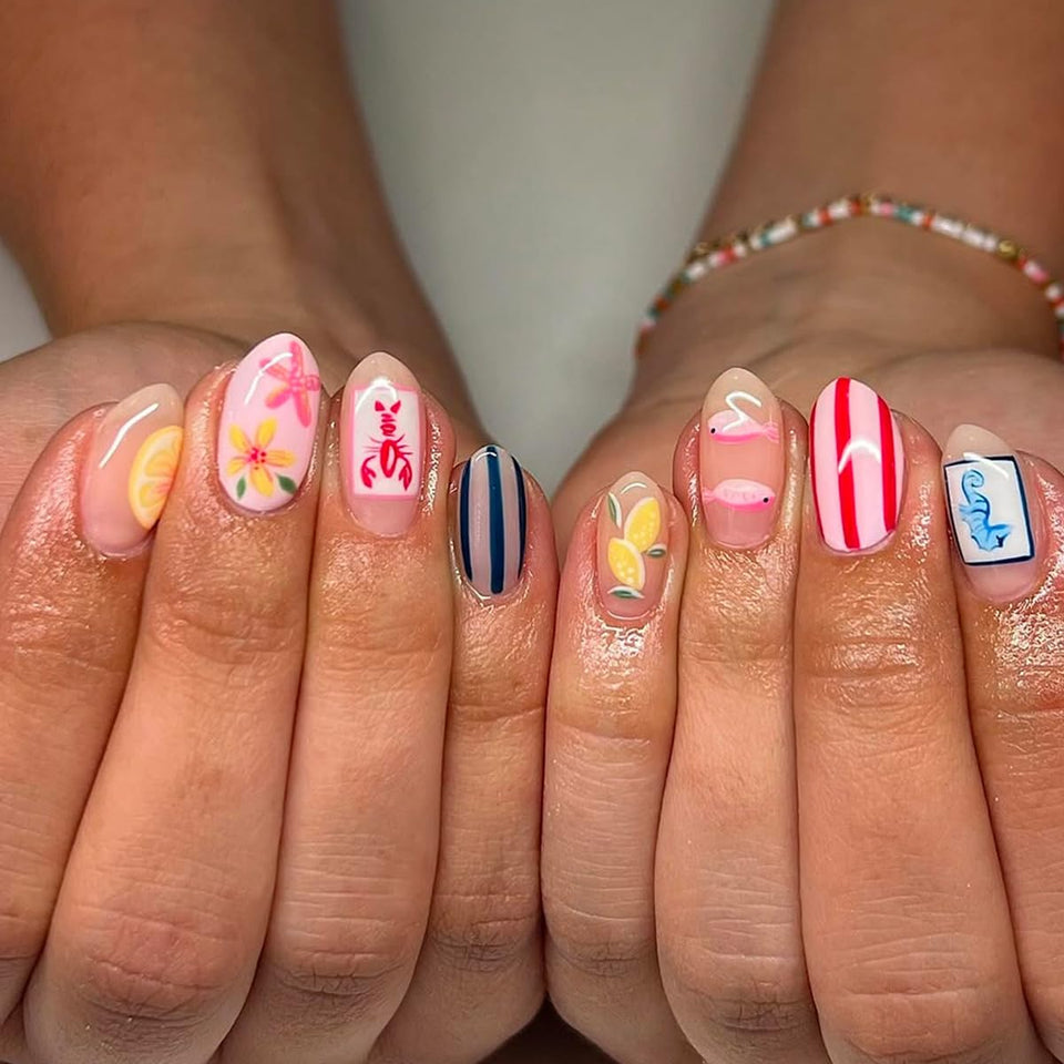 HPYFOI front packaging showing 24-piece summer nail set for quick manicures