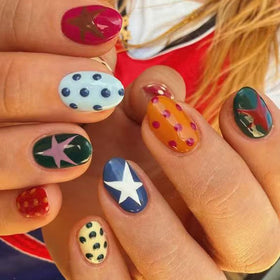 HPYFOI front packaging showing 24-piece nail set and colorful designs for instant style