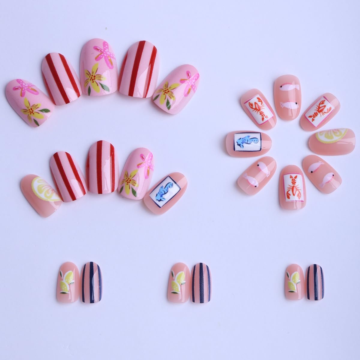 HPYFOI striped and seahorse nail detail showing vibrant seaside inspired art