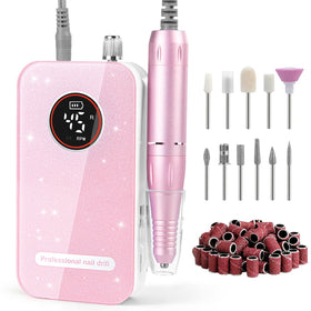 HQMPHQ front view of pink nail drill showing sleek body and glitter accents for style