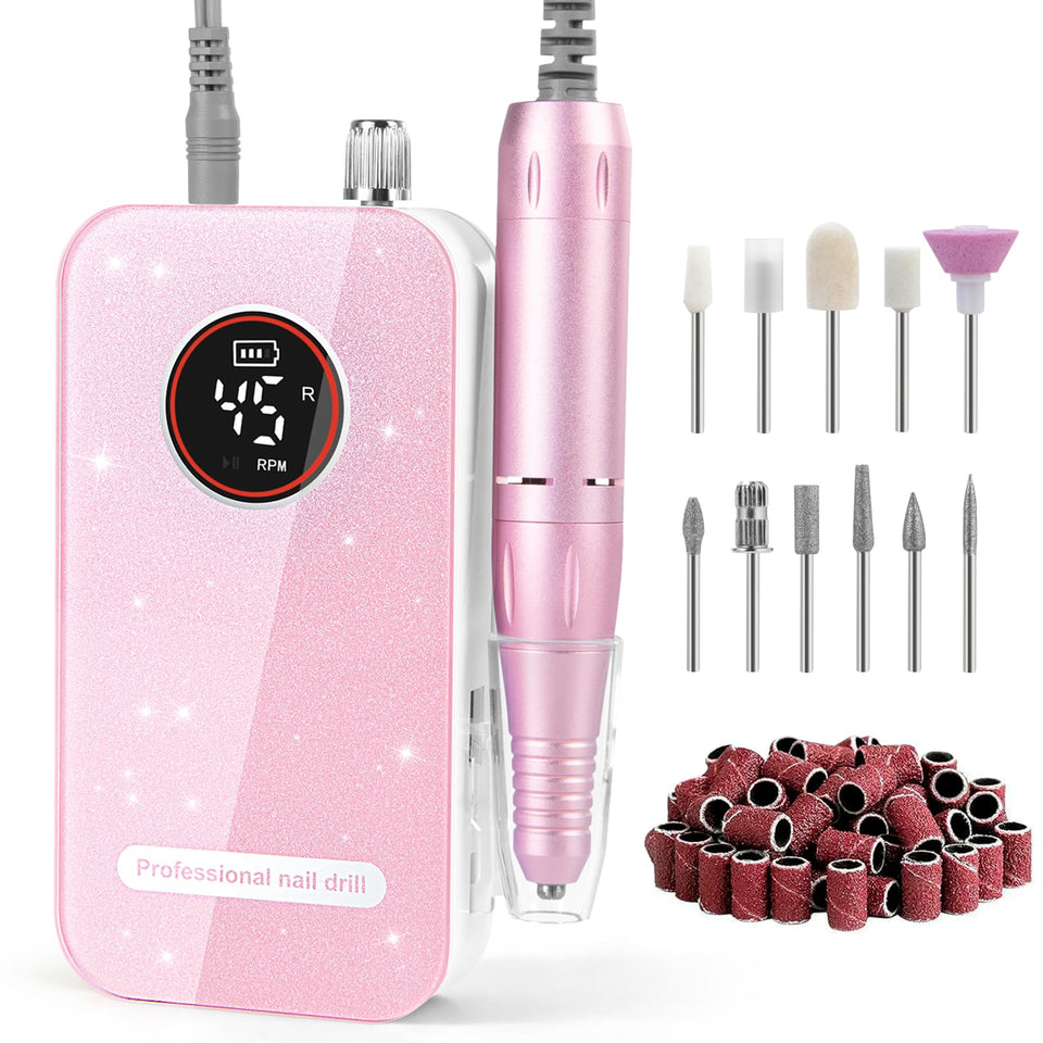 HQMPHQ front view of pink nail drill showing sleek body and glitter accents for style