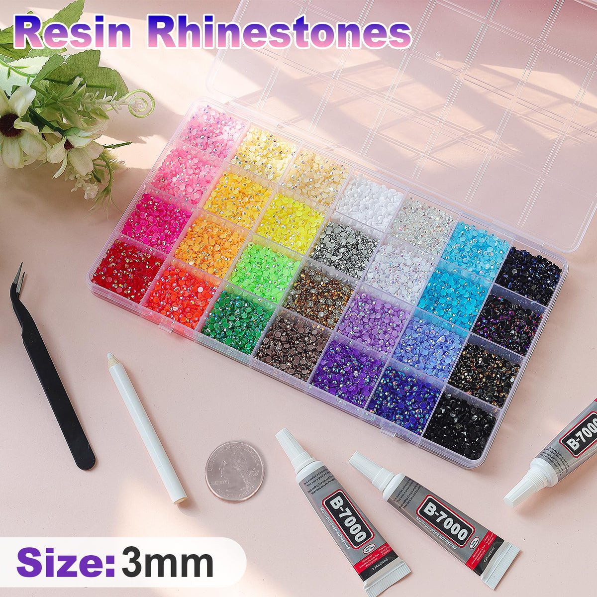 HRLbrc open 28-grid storage box with sorted multicolor rhinestones for ease