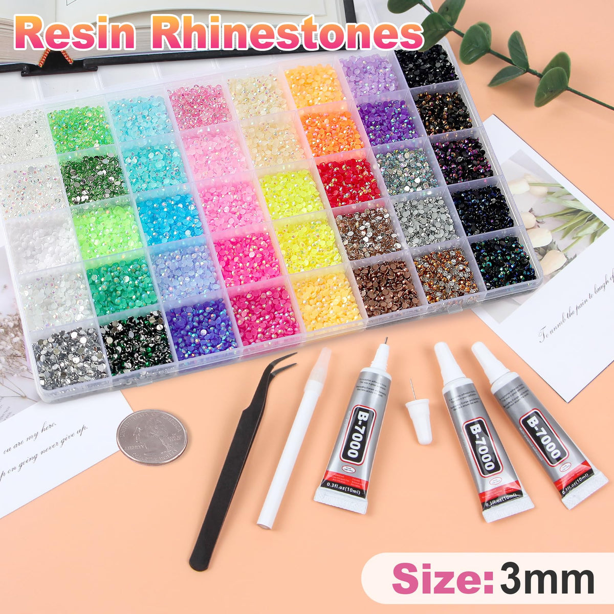 HRLbrc close-up of 3mm flatback resin stones highlighting bright AB coating and sparkle