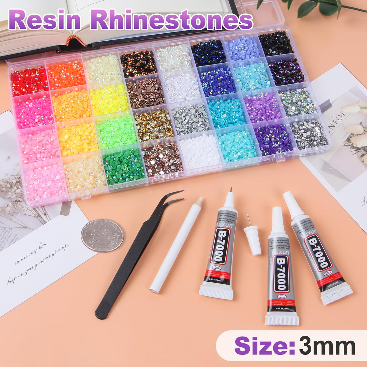 HRLbrc close-up of 3mm resin rhinestone facets highlighting durable shine
