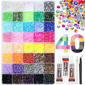 HRLbrc front packaging 40-grid case showing organized rhinestone colors and included tools