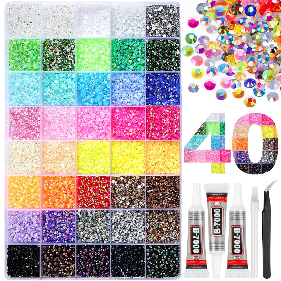HRLbrc front packaging 40-grid case showing organized rhinestone colors and included tools