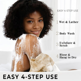Hrsqu sponge in use on back demonstrating reach and effective scrubbing