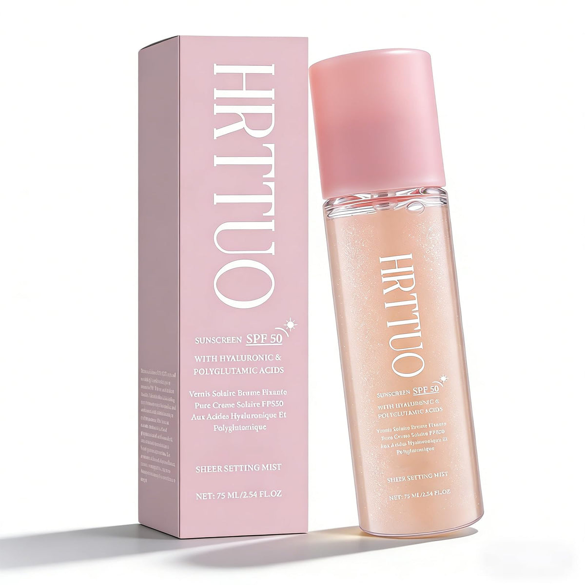 HRTTUO front packaging showing SPF 50 and setting spray benefits