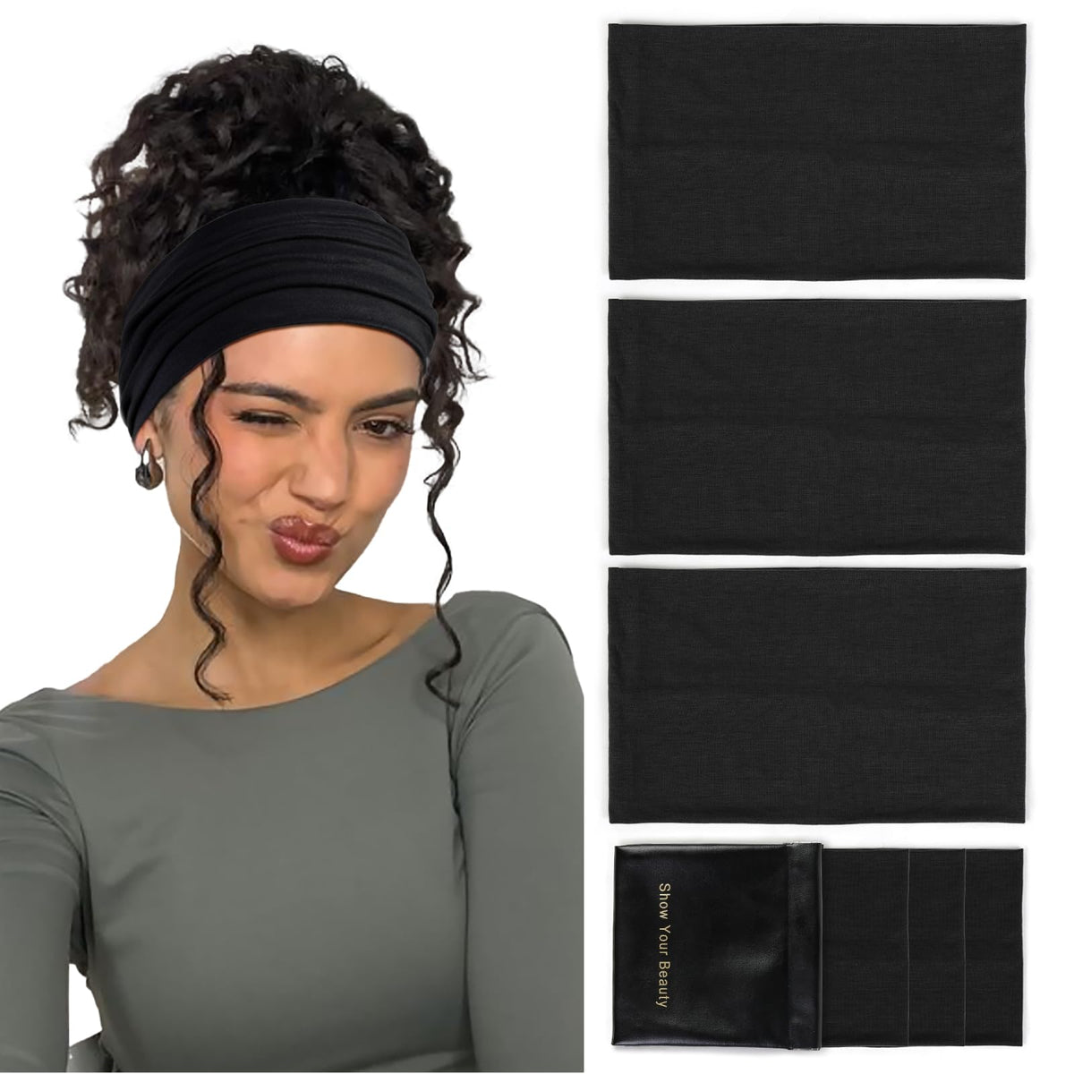 Huachi front view black headband showing neat wide profile and everyday styling benefit