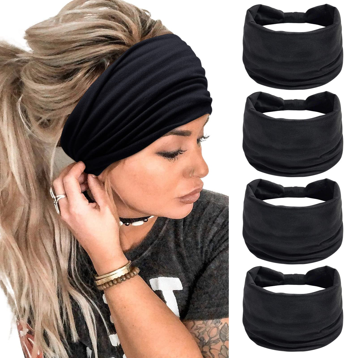 Huachi front view pack of four black wide headbands showing neat stacked styling and value