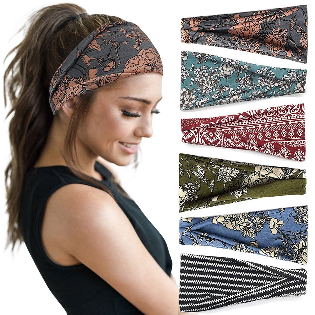 Huachi front view of six-pack boho headbands showing patterns and colors benefits style
