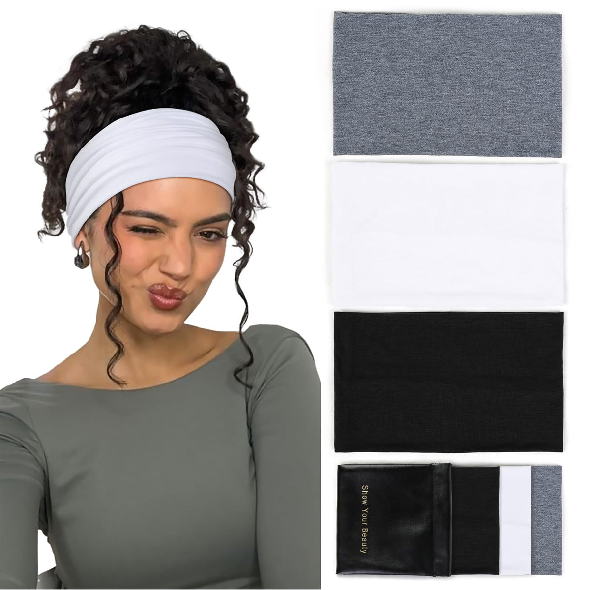 Huachi front view of three headbands showing color options and neat packaging benefit
