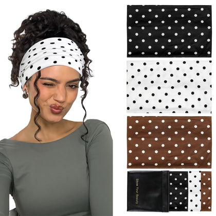 Huachi front view of polka dot headbands showing colors and packaging benefit