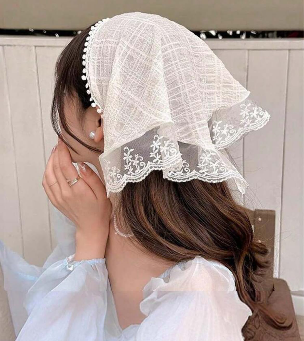 Huachi front view of white lace bandana showing elegant styling and easy wear