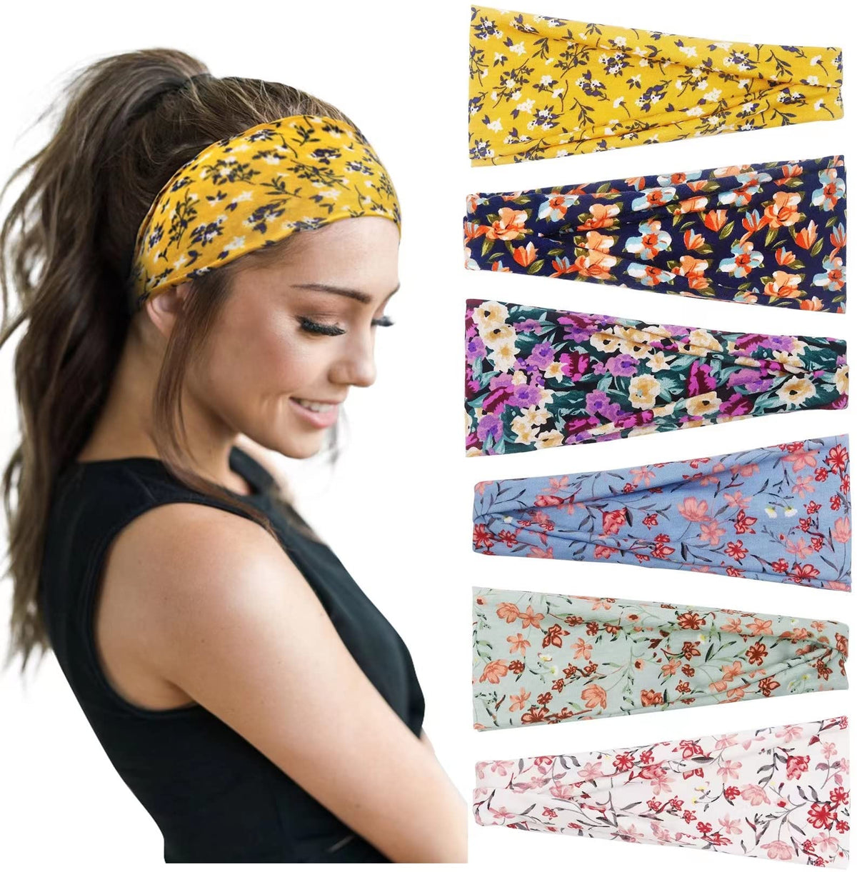 Huachi front view of six floral headbands showing colors and shape, easy outfit matching