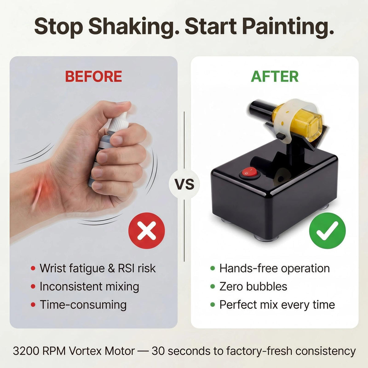 HUBEST with a paint bottle in place illustrating reliable mixing for hobby paints