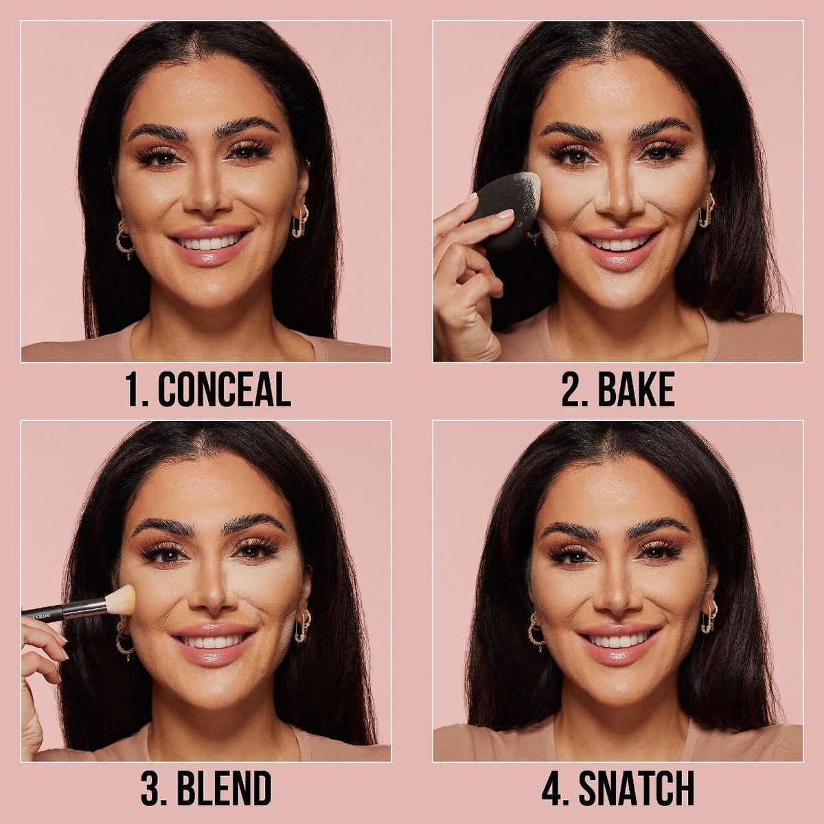 HUDA BEAUTY applying Cherry Blossom under-eye with brush for crease-free setting benefit