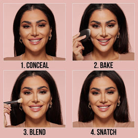 HUDA BEAUTY applying Cherry Blossom under-eye with brush for crease-free setting benefit