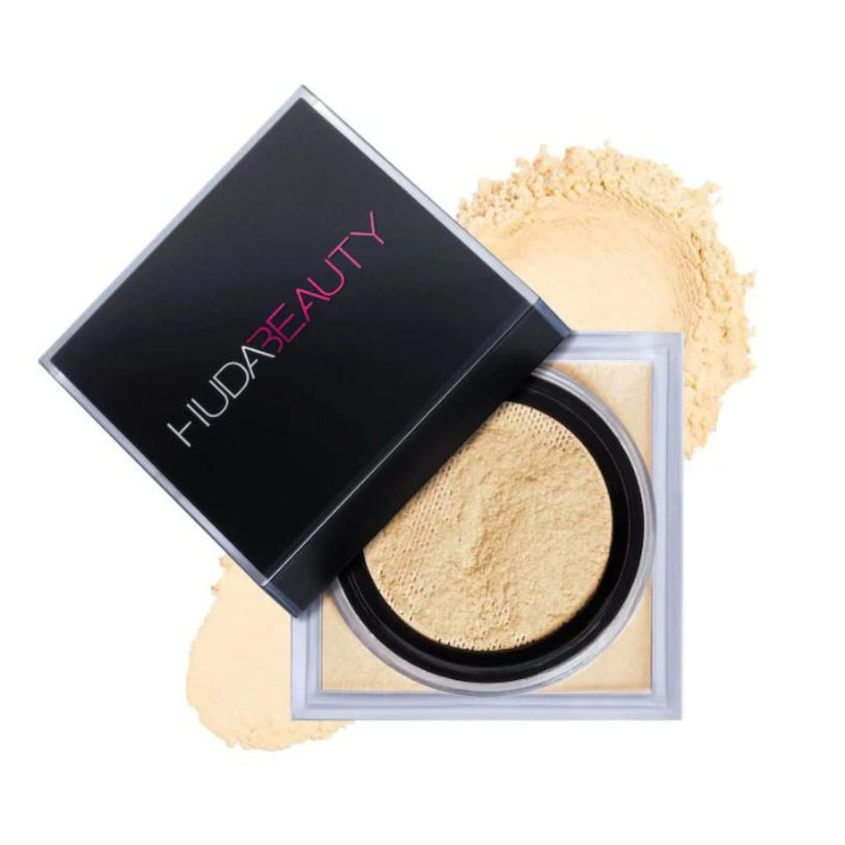 Huda powder front packaging showing shade and compact benefits