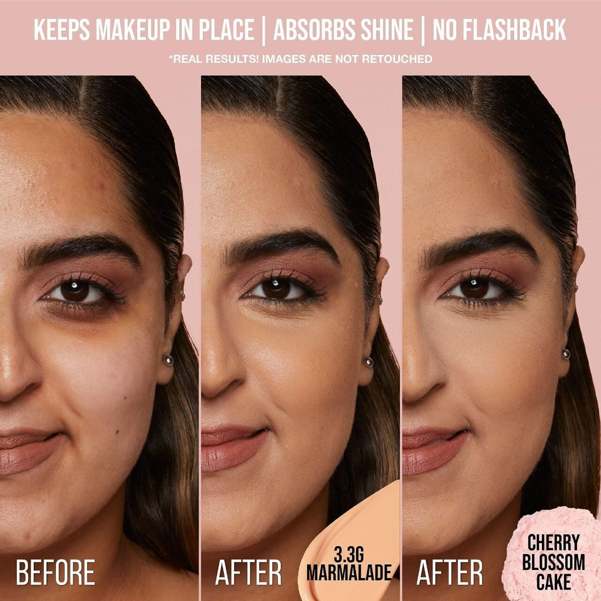 HUDA BEAUTY Cherry Blossom powder inside a makeup bag in lifestyle setting for everyday use appeal