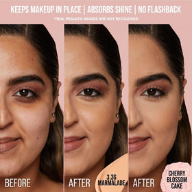 HUDA BEAUTY Cherry Blossom powder inside a makeup bag in lifestyle setting for everyday use appeal