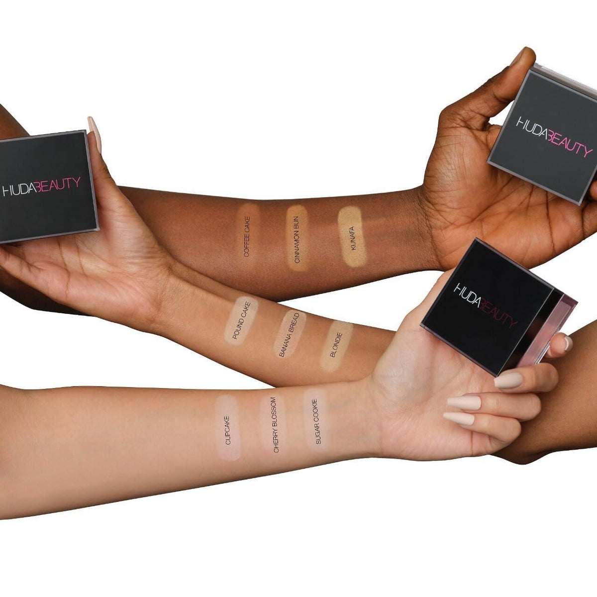 HUDA BEAUTY sifter and lid detail highlighting secure packaging and easy dispensing