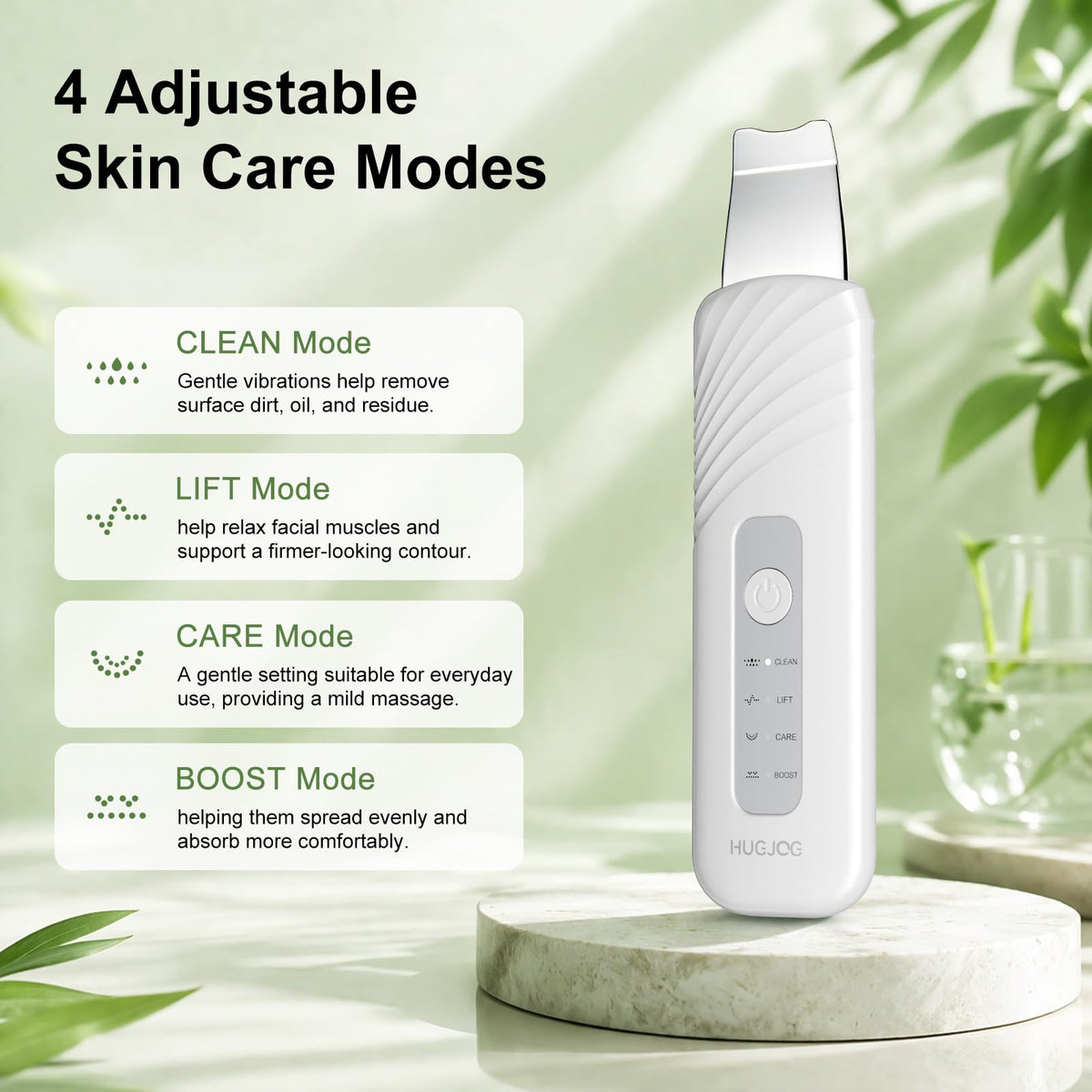 HUGJOG extractor tips arrangement displaying four stainless heads for targeted pore care