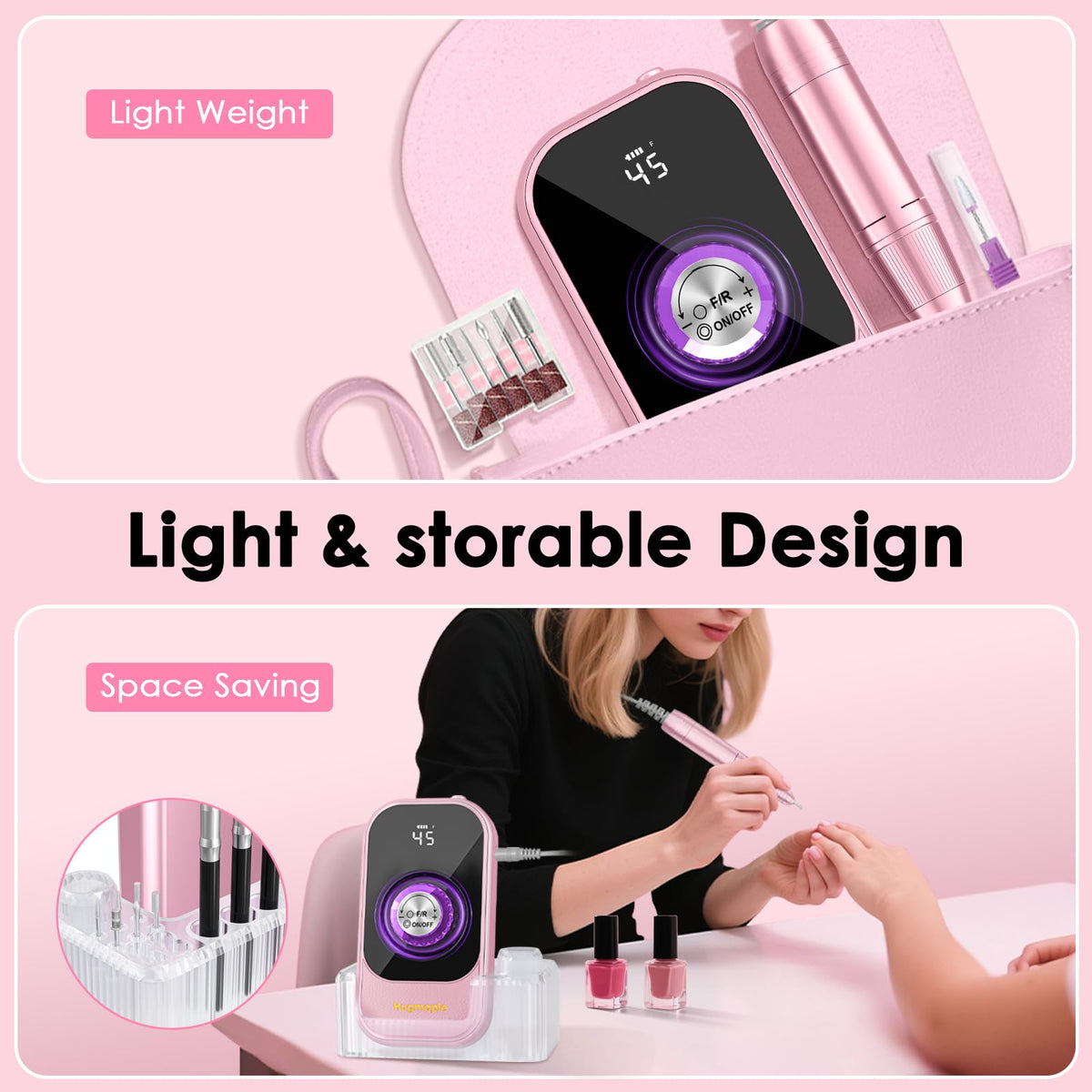 HUGMAPLE handpiece in use during manicure showing ergonomic comfort benefit