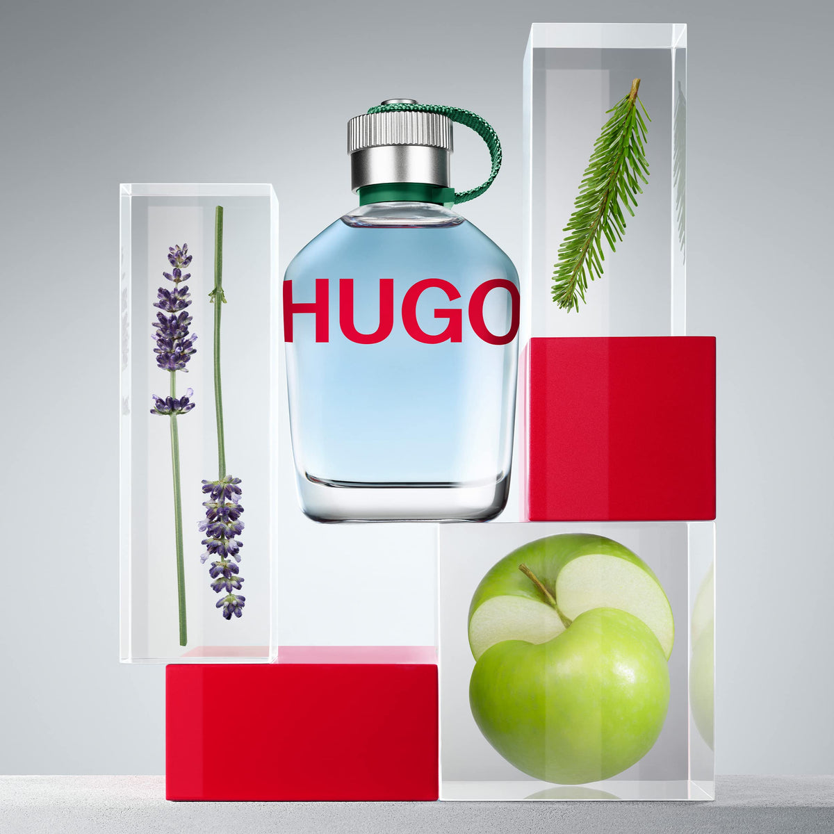 Hugo Boss HUGO Man bottle beside green apple and fir boughs showing scent notes