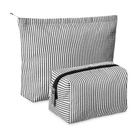 Huhumy front view of black seersucker makeup bag set showing preppy stripes and soft texture for stylish organization