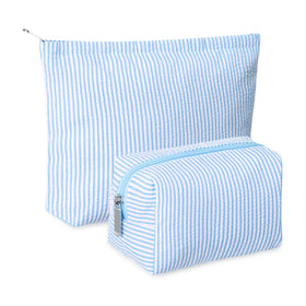 Huhumy front view of blue seersucker pouch set showing attractive stripes and organization