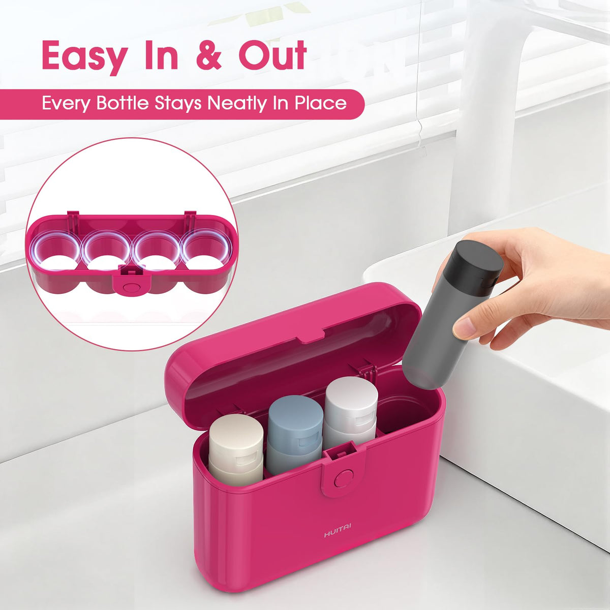 HUITAI refillable bottles being used in a travel bathroom for convenient toiletries