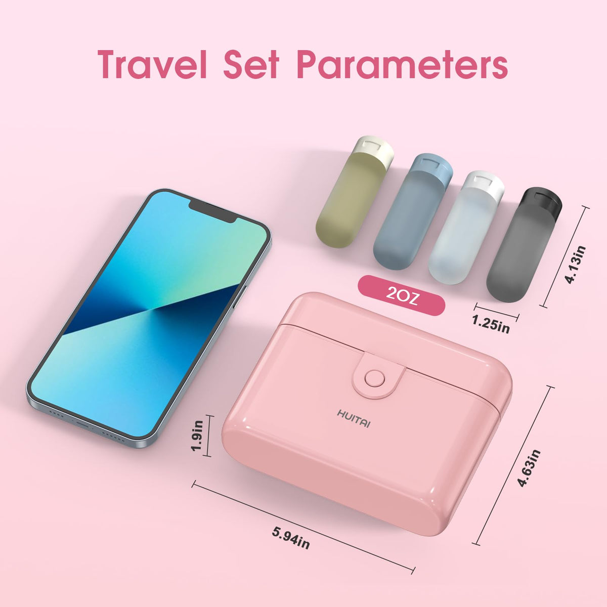 HUITAI open case displaying four 2oz semi-transparent bottles and organized compartments