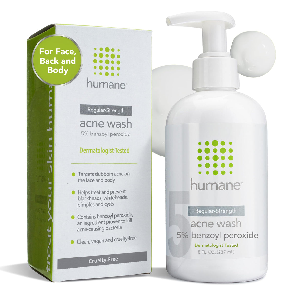 humane 5% benzoyl peroxide wash front packaging shows product benefits