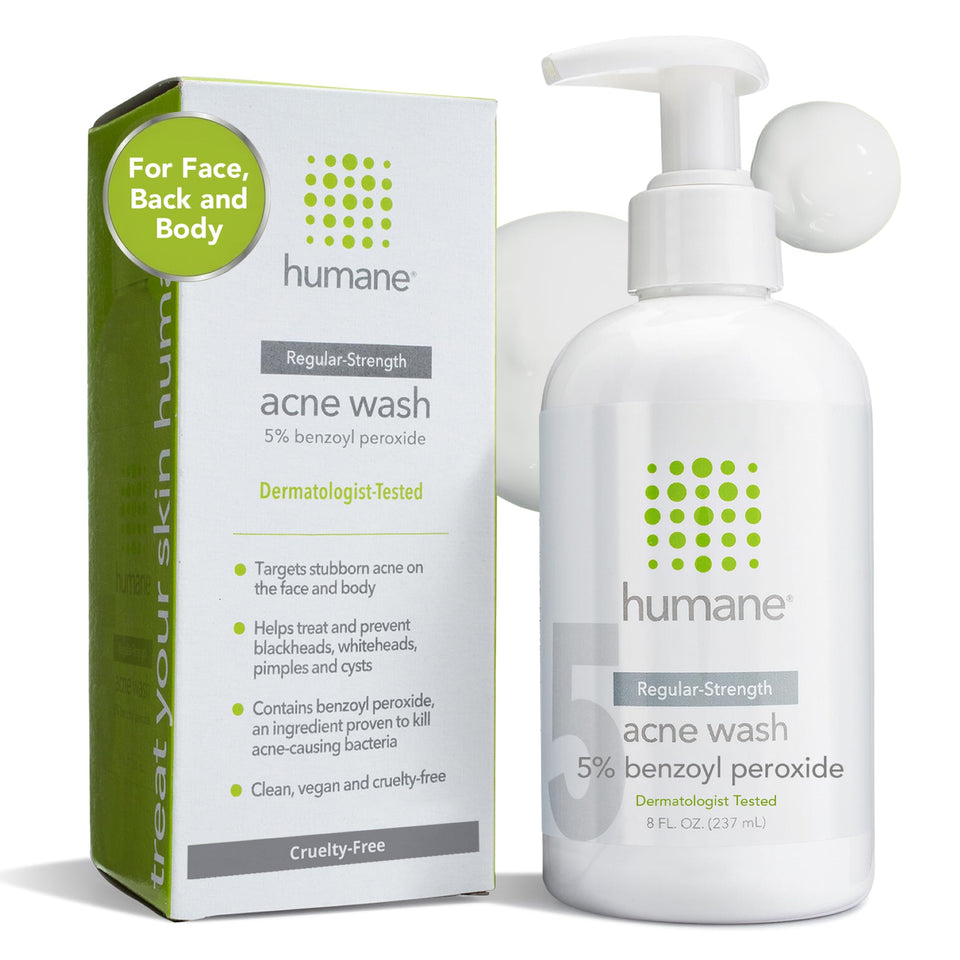 humane 5% benzoyl peroxide wash front packaging shows product benefits