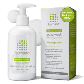 humane acne wash front packaging showing bottle and label benefits