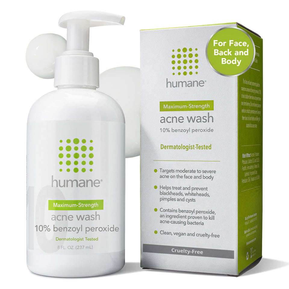 humane acne wash front packaging showing bottle and label benefits
