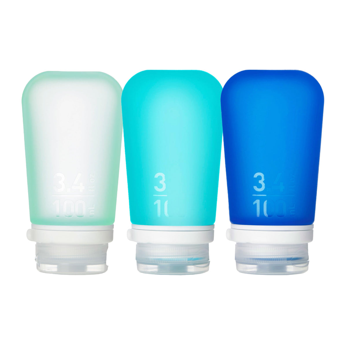 humangear GoToob+ three‑pack front view showing mint aqua teal bottles, convenient travel storage