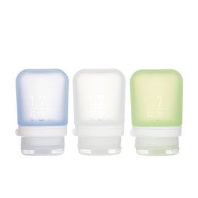 humangear GoToob+ front view showing three colored travel bottles and clear labels, convenient for TSA