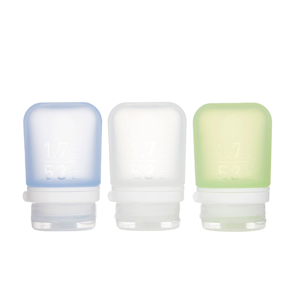 humangear GoToob+ front view showing three colored travel bottles and clear labels, convenient for TSA