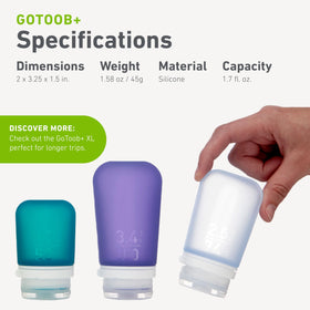 humangear GoToob+ set inside a packed toiletry bag, compact organization for carry-on convenience