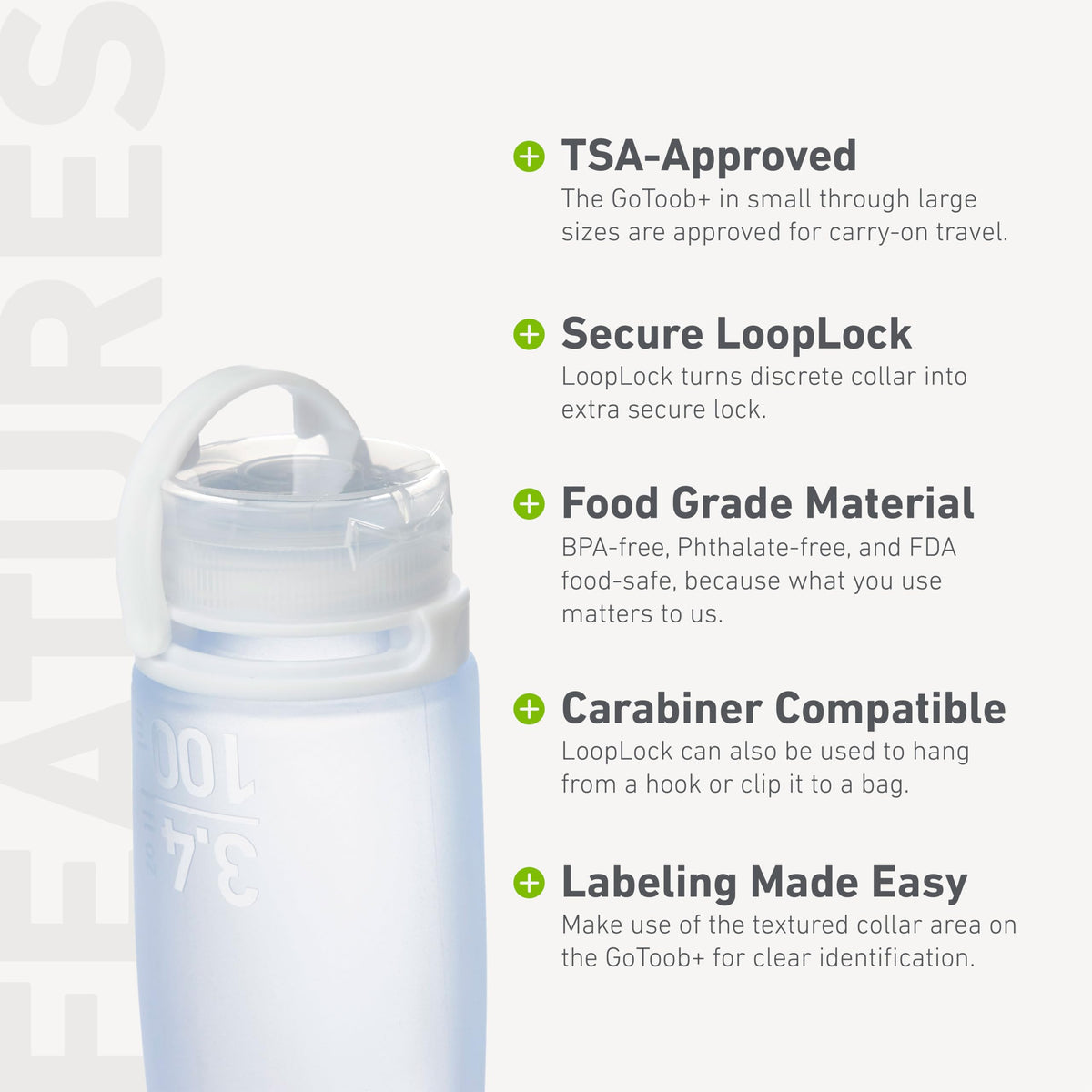 humangear GoToob+ textured collar with handwritten label, enables quick identification and organization