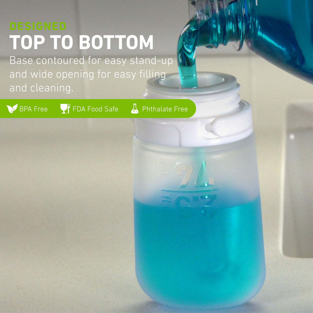 humangear GoToob+ wide mouth being filled from a dispenser, easy to refill and clean