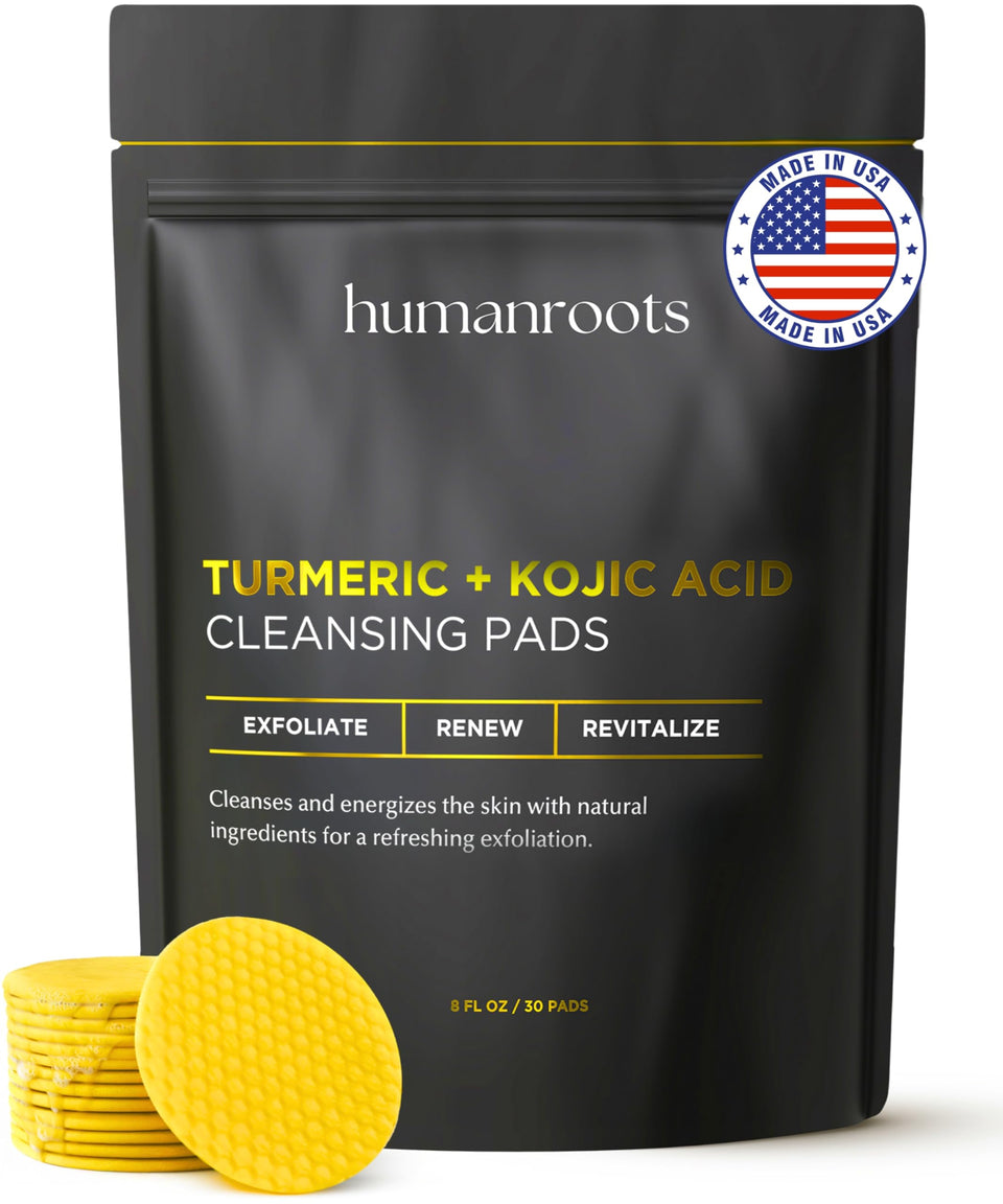 humanroots front packaging showing 30 turmeric kojic acid cleansing pads for convenient use