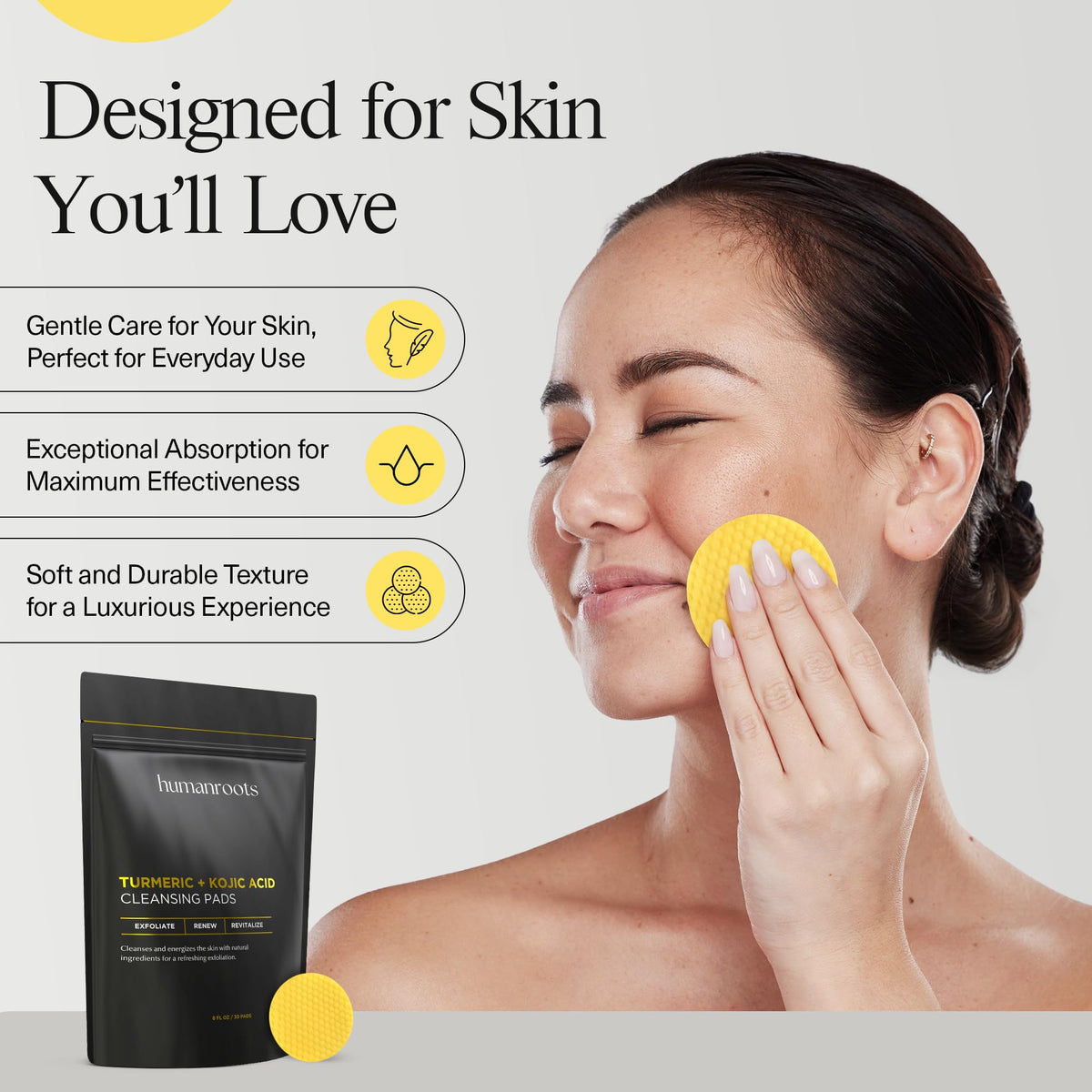 humanroots pad wiping cheek to show quick application and refreshing cleansing benefit