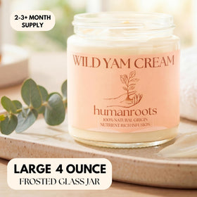 humanroots ingredients flatlay with wild yam root, chaste tree berry, red clover showcasing organic botanicals