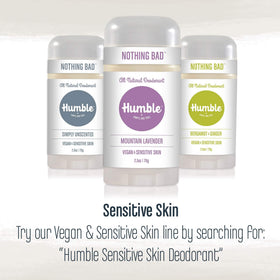 HUMBLE SIMPLE AND TRUE on bathroom shelf in lifestyle setting showing daily use benefit