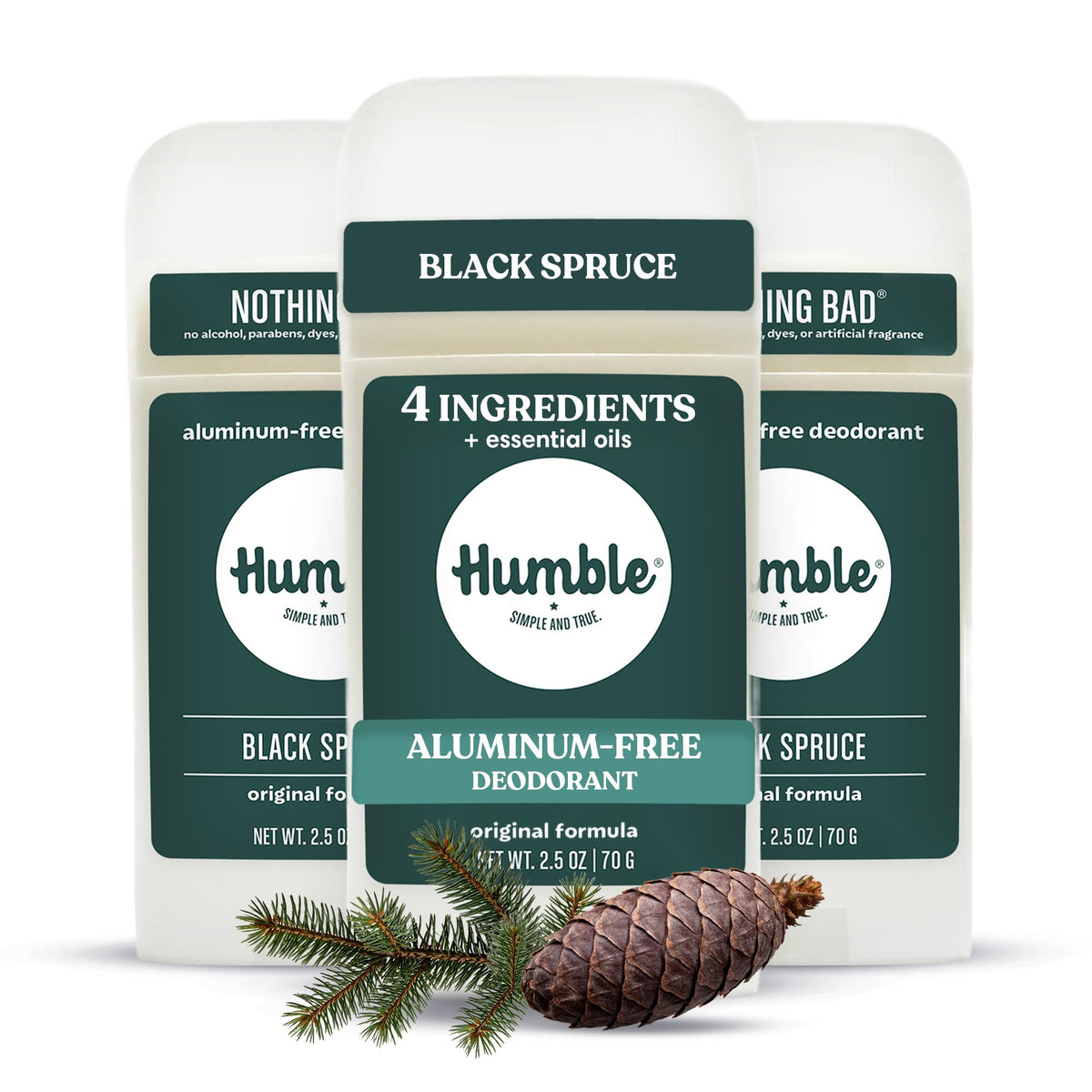 HUMBLE front packaging of Black Spruce deodorant showing natural branding and scent