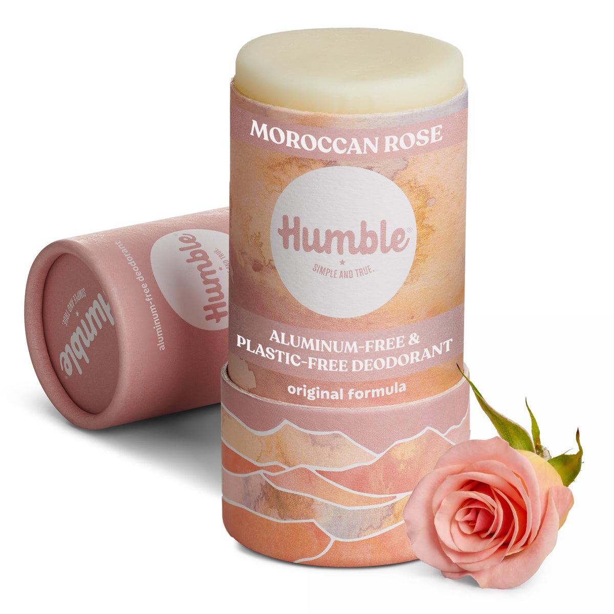 HUMBLE BRANDS front packaging showing plastic-free tube and Moroccan Rose scent benefit